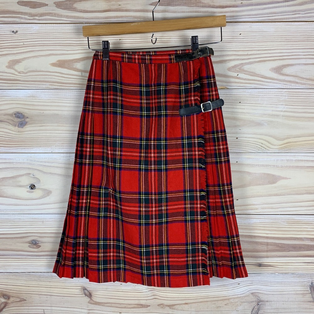 Mosbrook Kilt Skirt Womens 24 Red Plaid Pure Wool Pleated Tartan Wrap Vintage